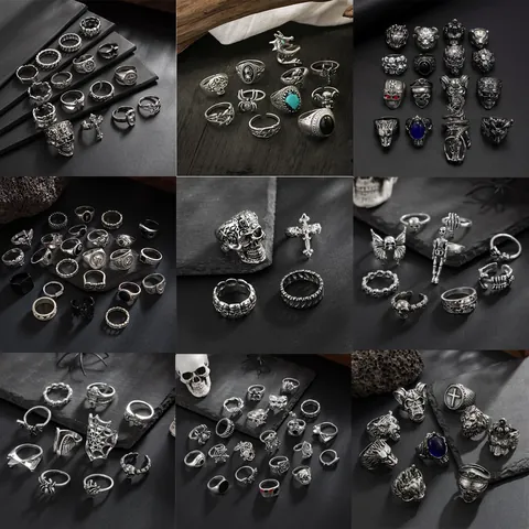 Vintage Men Alloy Ring Set Punk Gothic Skull Lion Animal Head Antique Silver Rhinestone Finger Rings Hip Hop Jewelry