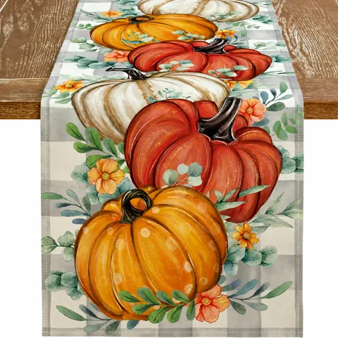 Chemin de Table en Lin pour l'Action de Grâce Citrouille Feuille d'Érable Automne Récolte Imprimé Rustique Cuisine Décoration de Table à Manger