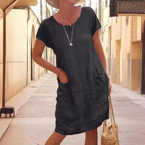 Women's Casual Cotton Linen Short Sleeve Dress Loose Solid Color Round Neck Midi Dress With Pockets For Summer Daily Wear