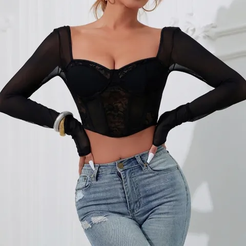 Women Sexy Lace Mesh Spliced Corset Top Square Neck Long Sleeve Slim Fit Street Style Polyester Solid Color Crop Top