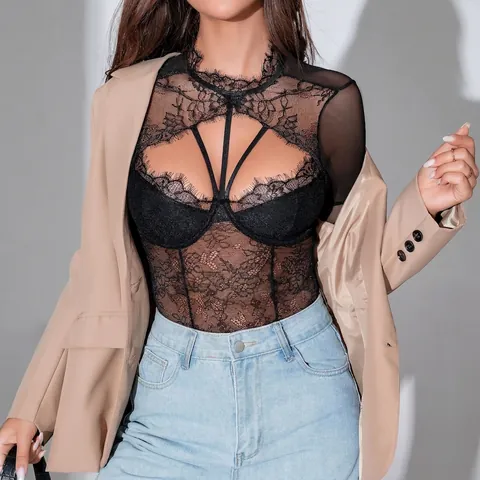 Sexy Eyelash Lace Bodysuit Women Long Sleeve See-Through Underwire Mesh Bodysuit Slim Fit Bodycon Jumpsuit Top Underwear