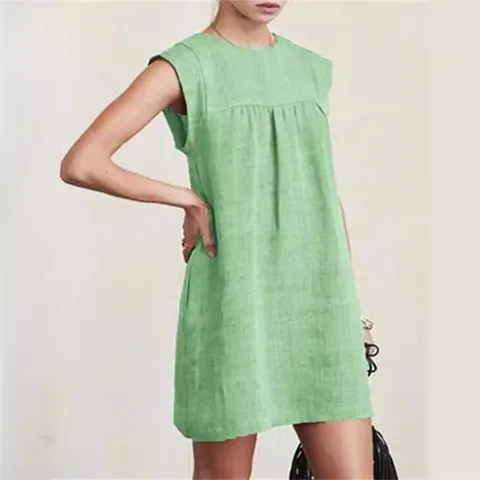 Damen Sommer Baumwolle Leinen Kleid Ärmellos Rundhals Lässig Lose Einfarbig A-Linie Plissiert Midi Strandkleid Sonnenkleid