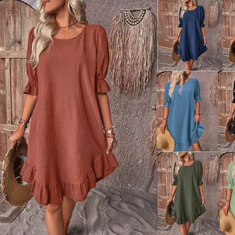 Women Retro Cotton Linen Dress Ruffle Half Sleeve Solid Color Round Neck Loose Midi Dress Boho Vacation Style Fashion Dress