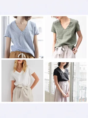 T-Shirt en Coton et Lin pour Femmes Col en V Couleur Unie Haut à Manches Courtes Décontracté Style Vintage Respirant