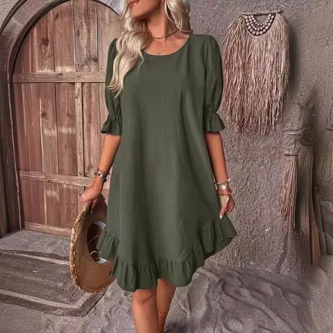 Women Retro Cotton Linen Dress Ruffle Half Sleeve Solid Color Round Neck Loose Midi Dress Boho Vacation Style Fashion Dress