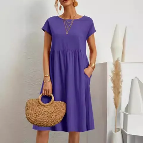 Women Summer Cotton Linen Round Neck Short Sleeve A Line Dress Plus Size Loose Midi Dress With Pockets Casual OL Retro Style