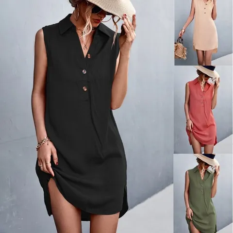 Women Sleeveless Cotton Linen Dress V Neck Button Down Split Casual Summer Holiday Midi Tank Dress
