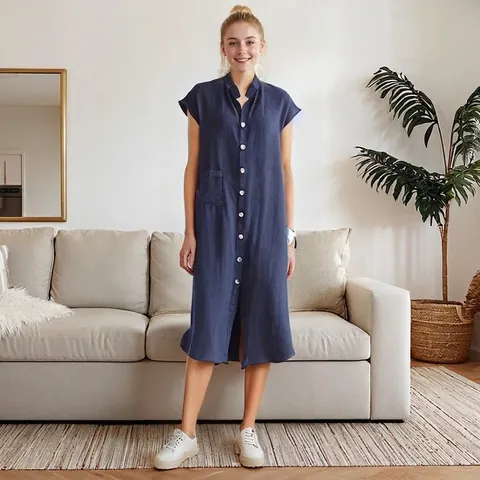 Women Vintage Cotton Linen Shirt Dress Stand Collar Single Breasted Short Sleeve Midi Dress With Pockets Casual Loose Solid Robe