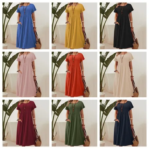 Women Cotton Linen Midi Dress Round Neck Short Sleeve Solid Color Pleated Dress With Pockets Casual Loose Retro Summer Dress