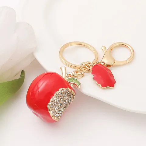 Porte-clés Fruit en Strass de Luxe Pendentif de Sac en Métal Pomme Cerise Ananas Anneau Clé Voiture Bijou Cadeau Accessoires