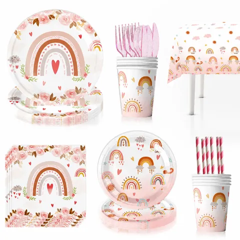 Boho Roze Regenboog Verjaardagsfeest Servies Set Wegwerp Papieren Borden Servetten Bekers Tafelkleed Glitter Plastic Bestek Voor Meisjes Baby Shower Feestartikelen