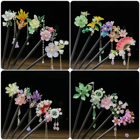 New Chinese Style Sandalwood Hair Stick Ancient Style Flower Tassel Step-Shake Hairpin Alloy Artificial Pearl Hanfu Accessories For Women