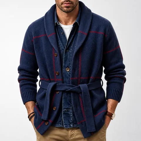 Men Retro Jacquard Knitted Cardigan Shawl Collar Thickened Mid-Length Sweater Top With Belt Navy Plaid Pattern Outerwear