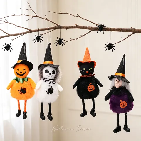 Halloween Plush Doll Hanging Ornament Pumpkin Witch Black Cat Ghost With Witch Hat For Party Home Decoration Props