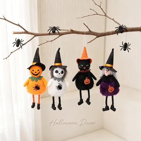 Halloween Plush Doll Hanging Ornament Pumpkin Witch Black Cat Ghost With Witch Hat For Party Home Decoration Props