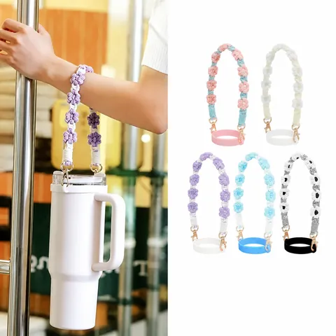 Handmade Woven Cotton Rope Water Bottle Carry Strap Portable Handle With Silicone Ring Metal Hook Floral For Outdoor Travel