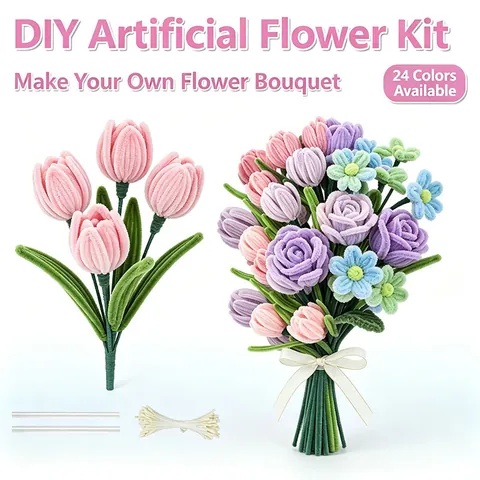DIY Handmade Flower Bouquet Craft Kit Cotton Iron Wire Chenille Stems For Home Decor Creative Floral Arrangement Activity For Adults Kids