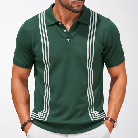 Polo Homme Business Casual en Viscose Manches Courtes Vert Rayures Contrastées Ourlet Géométrique Haut en Maille pour Homme