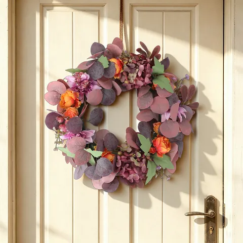Autumn Harvest Artificial Floral Wreath With Orange Peonies Purple Hydrangeas Cloth Decor For Front Door Wall