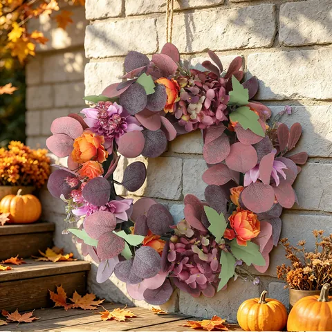 Autumn Harvest Artificial Floral Wreath With Orange Peonies Purple Hydrangeas Cloth Decor For Front Door Wall