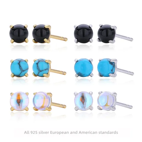 Minimalist Round Ball Stud Earrings With 925 Sterling Silver Earring Post Black Agate Turquoise Moonstone For Women