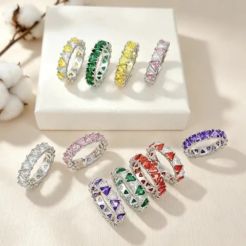 Triangle Cut Zirconia Eternity Ring For Women Gold Plated Stainless Steel Colorful Full Zircon Ring Fashion Finger Jewelry