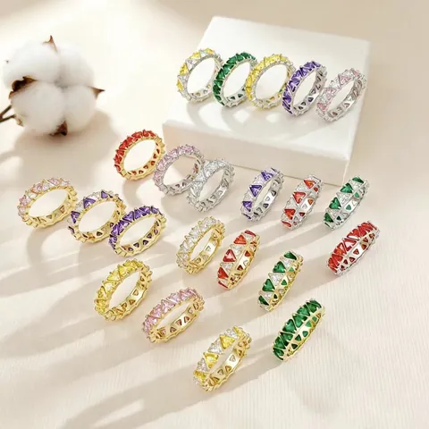 Triangle Cut Zirconia Eternity Ring For Women Gold Plated Stainless Steel Colorful Full Zircon Ring Fashion Finger Jewelry
