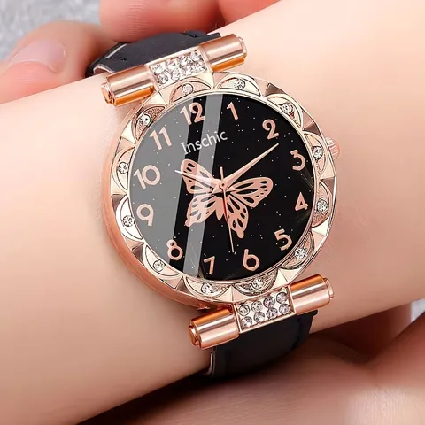 Mode Dames Kwarts Horloge Minimalistisch Roségoud Strass Kast Sterrenhemel Vlinder Wijzerplaat Kunstleren Polshorloge Cadeau