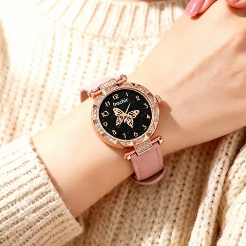 Mode Dames Kwarts Horloge Minimalistisch Roségoud Strass Kast Sterrenhemel Vlinder Wijzerplaat Kunstleren Polshorloge Cadeau