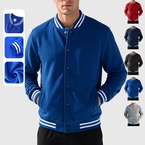 Men American Style Varsity Jacket And Pants Set Fleece Lined Stand Collar Baseball Uniform Striped Ribbed Trim Casual Sportswear Tracksuit Top And Bottom