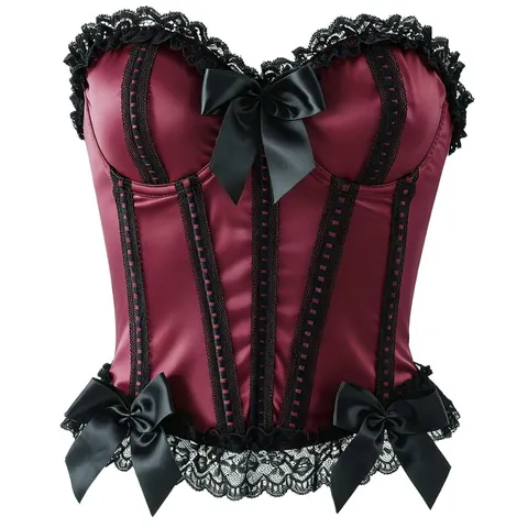 Vintage Gothic Weinrot Satin Korsett Top Für Damen Spitze Schleife Fischgräte Bustier Top Y2K Sexy Clubwear Wespentaille