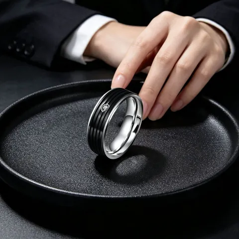 Titaniumstaal Ring Voor Heren Dames Minimalistisch Zwart Gestreepte Ingelegde Strass Gepolijst Sieraden Ring Bruiloft Mode