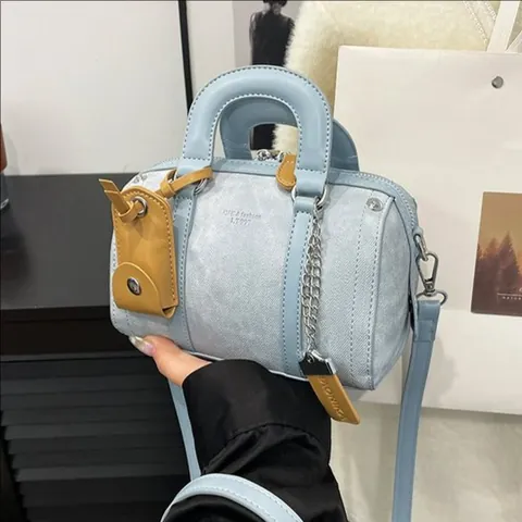 Women Fashion Mini Boston Pillow Crossbody Bag PU Leather Denim Texture Handbag With Chain Strap Top Handle Shoulder Bag