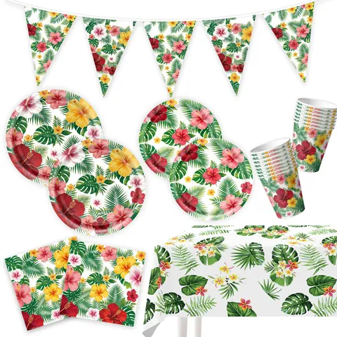 Hawaiian Tropical Party Decorations Set Hibiscus Flower Palm Leaves Disposable Tableware For Summer Luau Birthday Party