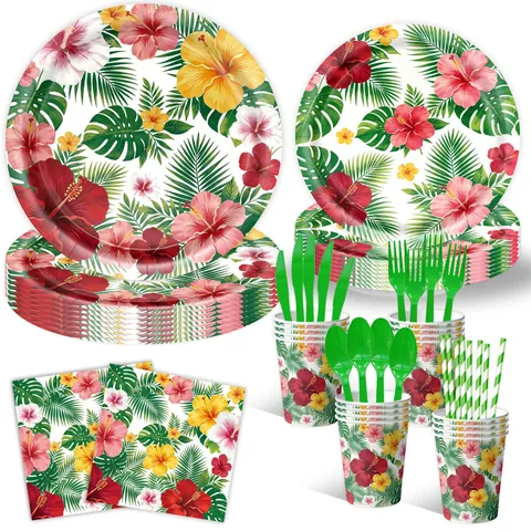 Hawaiian Tropical Party Decorations Set Hibiscus Flower Palm Leaves Disposable Tableware For Summer Luau Birthday Party