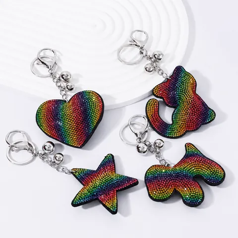 Rainbow Gradient Rhinestone Heart Star Dog Cat Keychain Pendant For Women Car Bag Accessories Fashion Iron Jewelry Hanging Ornament
