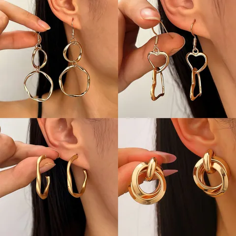 Fashion Alloy Double Heart Irregular Geometric Ring Dangle Earrings For Women Minimalist Gold Silver Plated Jewelry Gift