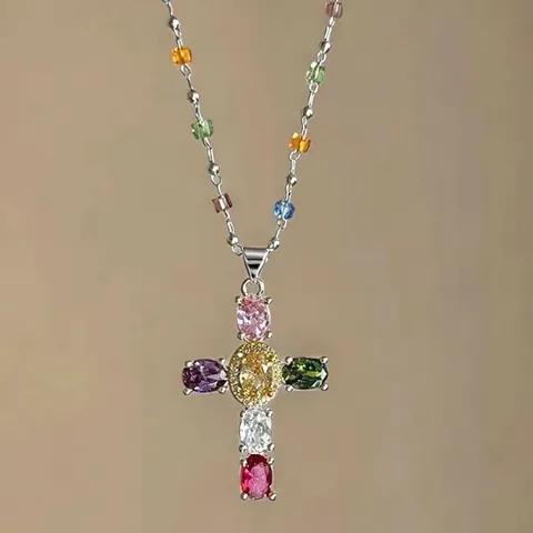 Vintage Mehrfarbig Kristall Kreuz Anhänger Halskette Zinklegierung Vergoldet Kette Zirkonia Choker Für Damen Schmuck