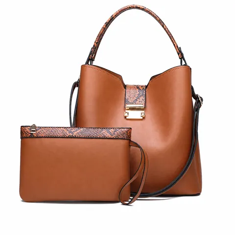 Fashionable Korean Style Women PU Leather Bucket Bag Snake Pattern Patchwork Shoulder Crossbody Bag Large Tote And Small Pouch