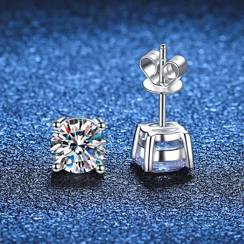 Pendientes de Botón de Plata de Ley 925 Moissanita Color D Cuatro Garras Corte Redondo Minimalista Brillante Joyería