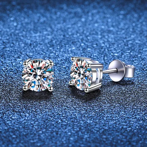 Pendientes de Botón de Plata de Ley 925 Moissanita Color D Cuatro Garras Corte Redondo Minimalista Brillante Joyería