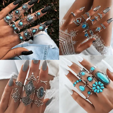 Böhmische Vintage Legierung Ringe Für Damen Künstlicher Türkis Feder Blatt Hohl Geschnitzte Retro Ethno Stil Fingerringe Schmuck