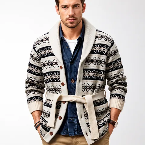 Men's Vintage Geometric Jacquard Shawl Collar Cardigan With Belt Mid-Length Knitted Sweater Casual Button Down Knitwear Top