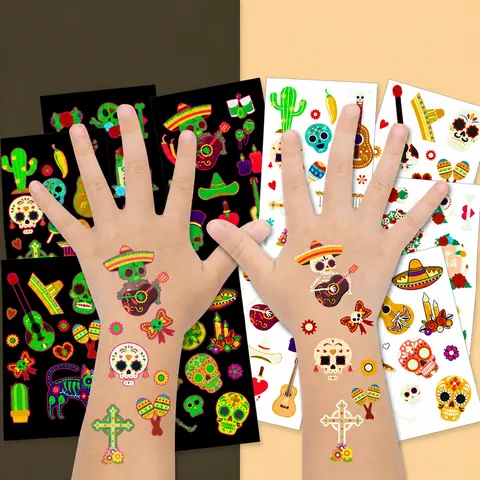Leuchtend Tag Der Toten Temporäre Tattoo Aufkleber Wasserdicht Cartoon Totenkopf Gitarre Muster Im Dunkeln Leuchten Party Favor Körper Kunst Für Kinder
