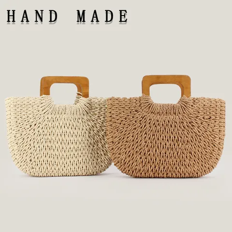 Handwoven Paper Rope Summer Beach Bag With Wooden Handle Large Capacity Mori Style Drawstring Handbag For Women Travel Daily