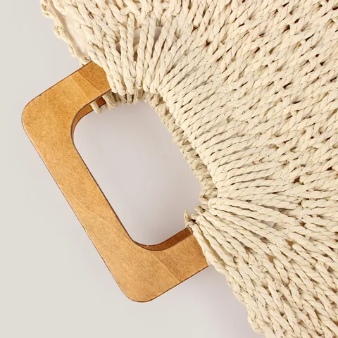 Handwoven Paper Rope Summer Beach Bag With Wooden Handle Large Capacity Mori Style Drawstring Handbag For Women Travel Daily