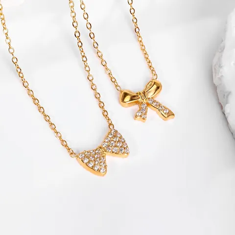 Luxury 18K Gold Plated Stainless Steel Bowknot Pendant Necklace For Women Elegant Minimalist Zirconia Butterfly Jewelry Gift