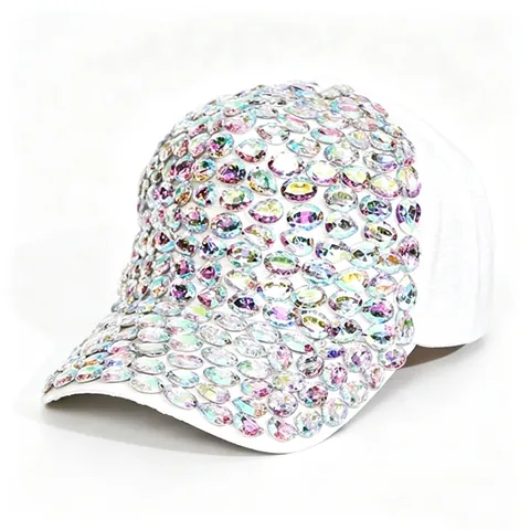 Women Luxury Iridescent Rhinestone Baseball Cap Fashion Mercerized Cotton Sun Hat Shiny Crystal Outdoor Adjustable Casual Hat
