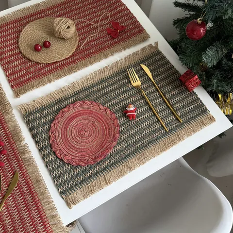 Handmade Woven Placemats Paper Rope Jute Table Mats Heat Resistant Tassel Christmas Decor Farmhouse Boho Dining Decoration
