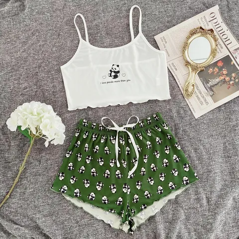 Set Pigiama da Donna con Stampa Panda Top a Canotta e Pantaloncini a Volant Estivo Senza Maniche Loungewear Set da Due Pezzi